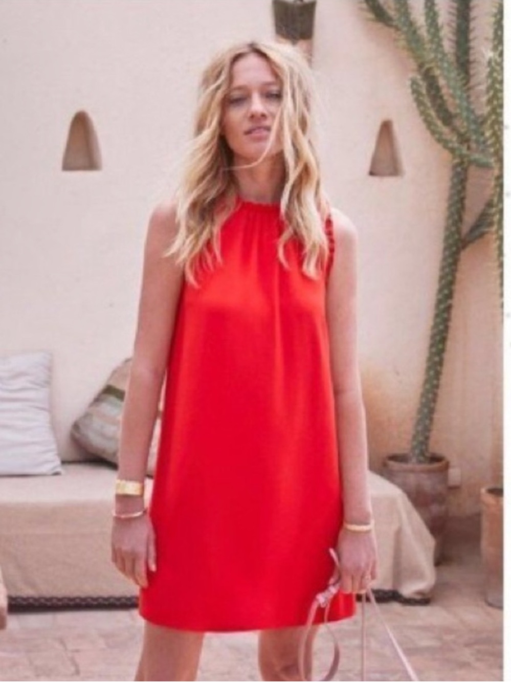 Sezane Editions Bright Red Sleeveless Shift Dress Gold Button Ruffle Modest Chic